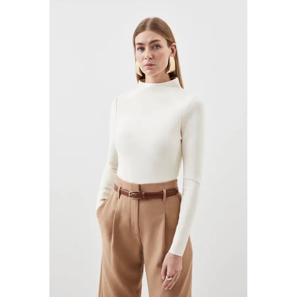 NWT Karen Millen Figure Form Bandage Funnel Neck Top Cream XS Work Minimal